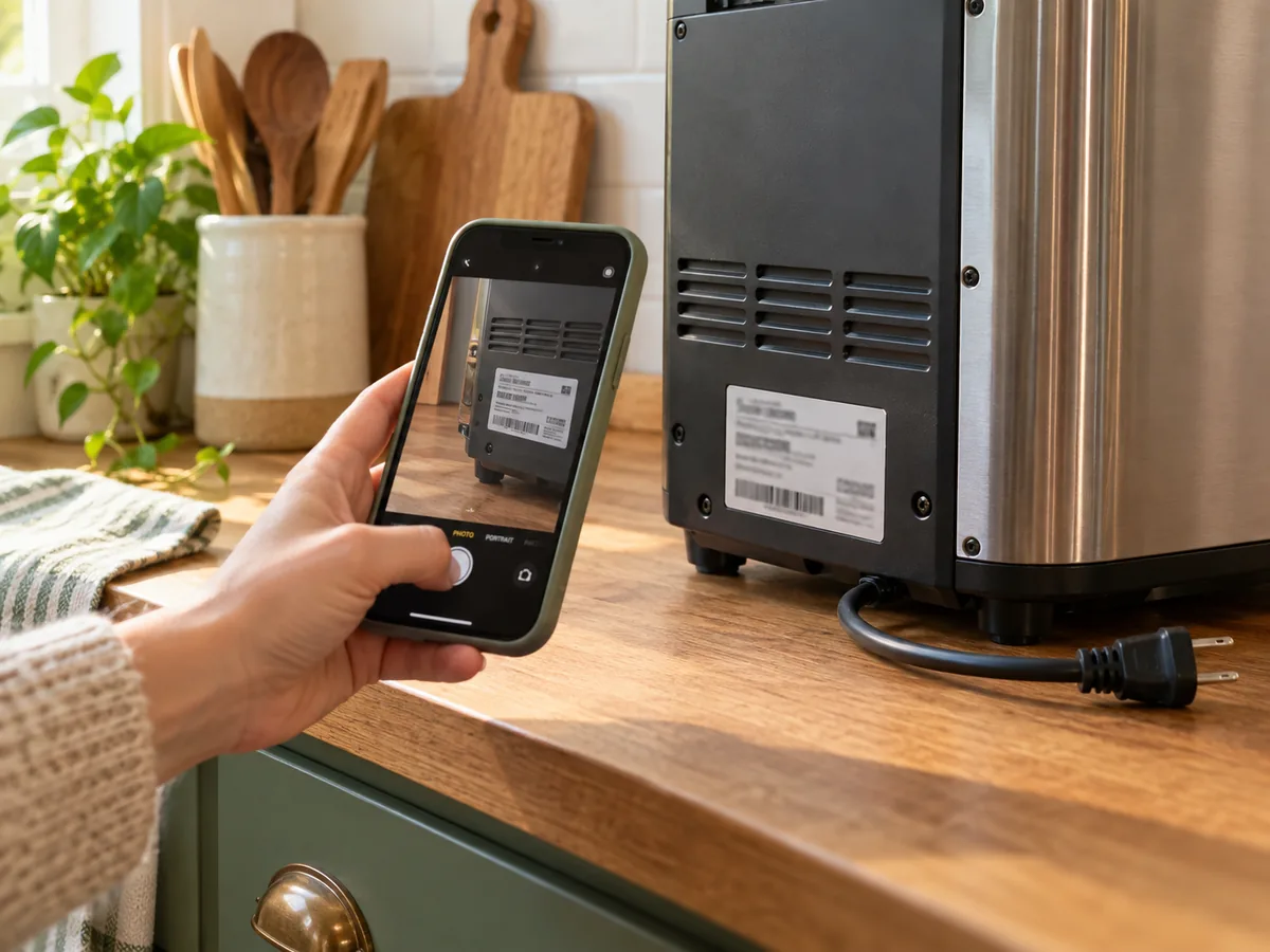 A hand photographing a generic model and electrical label on an unplugged countertop appliance
