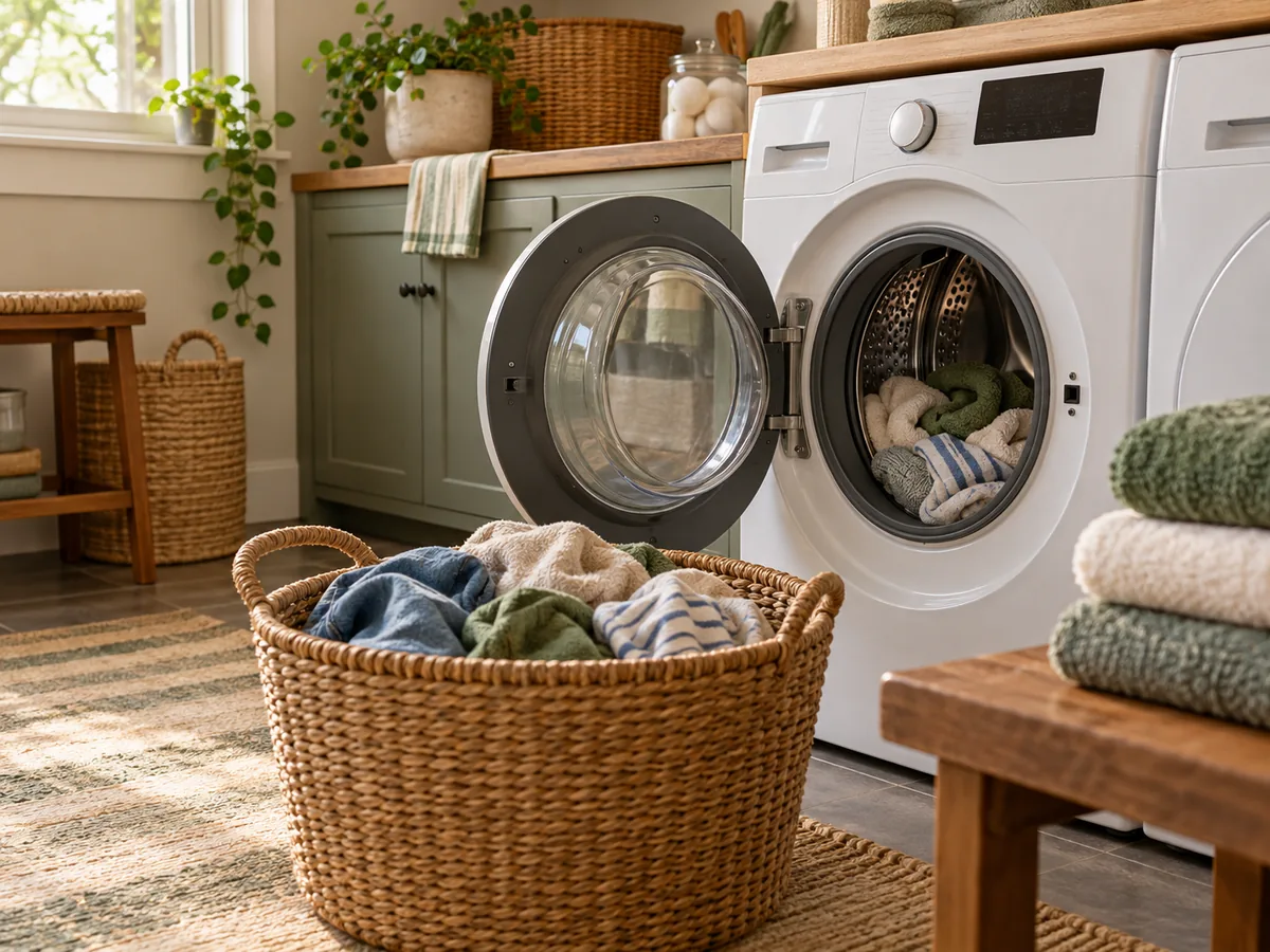 A compact laundry room with an open front-loading washer and a sensibly sized load