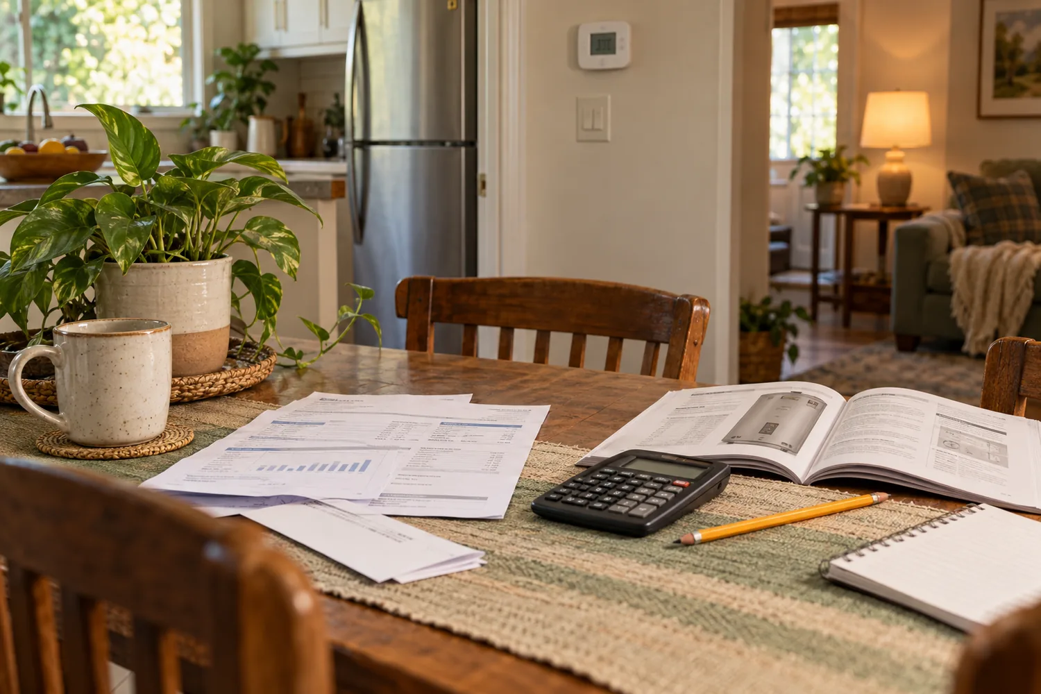 A kitchen table set up to review an electric bill, appliance manual, calculator, and notes