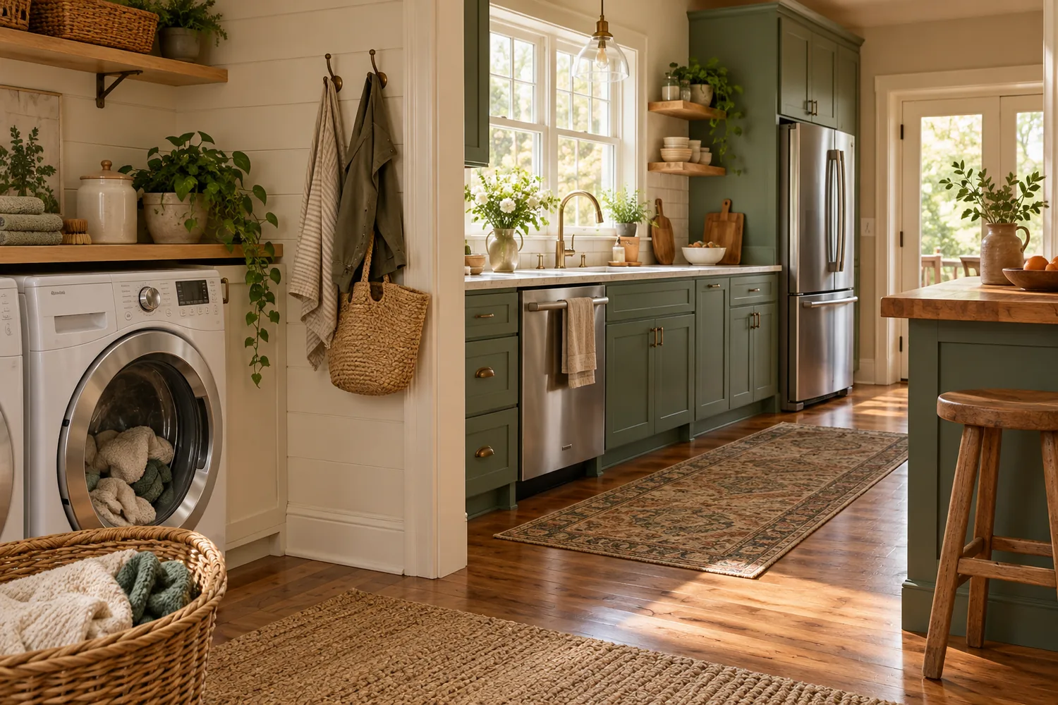 A modest open-plan home interior with a washer, dishwasher, and refrigerator