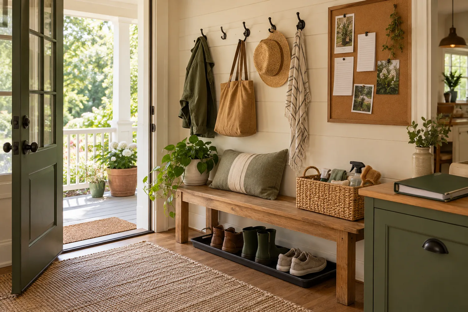 A practical mudroom corner with hooks, a shoe tray, a cleaning caddy, and a household binder