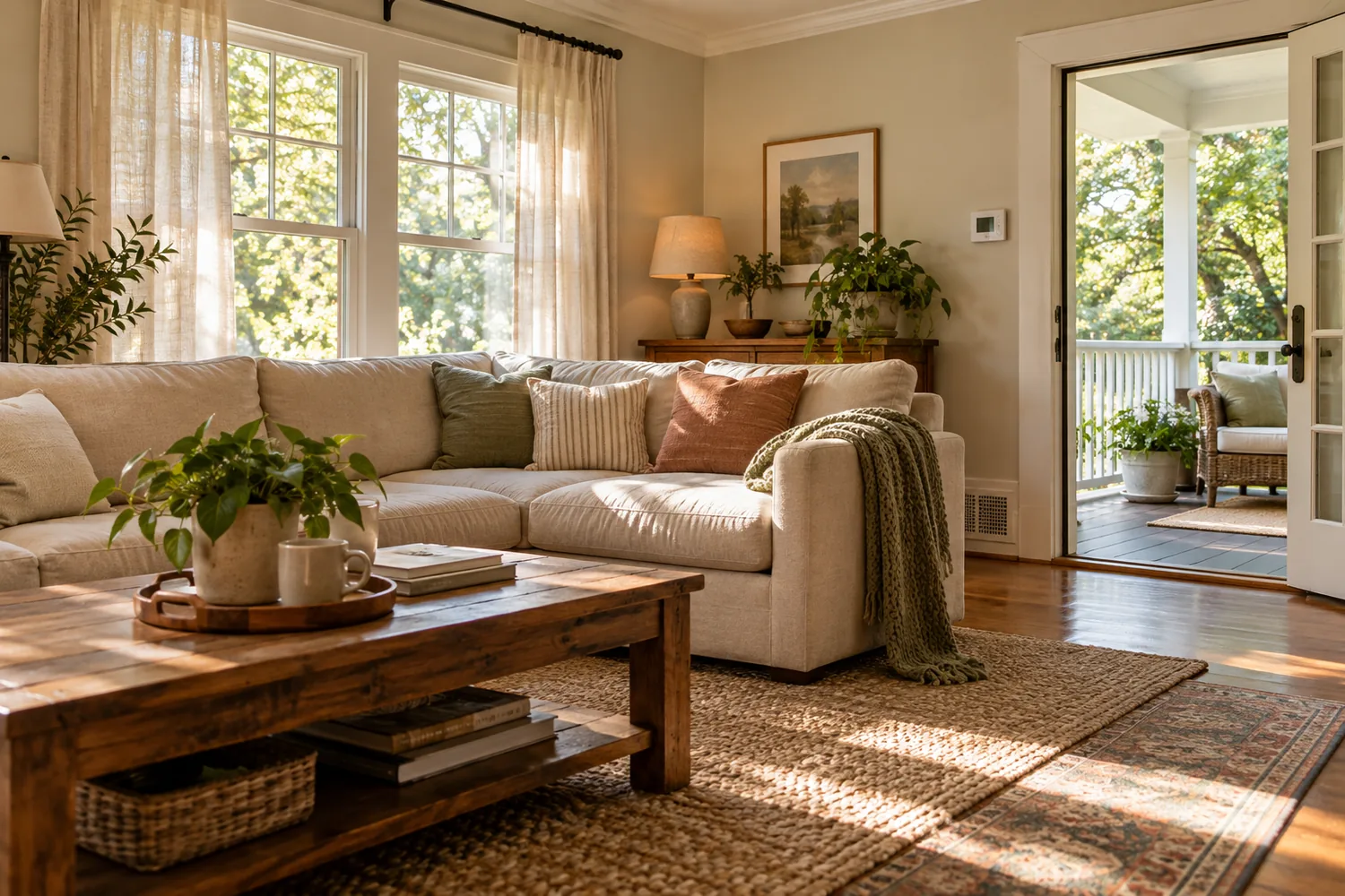 A lived-in living room with curtains, a floor vent, a thermostat, and a shaded porch view