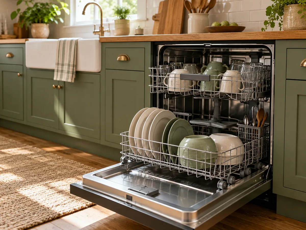 An open dishwasher with everyday dishes arranged around visible spray-arm clearance
