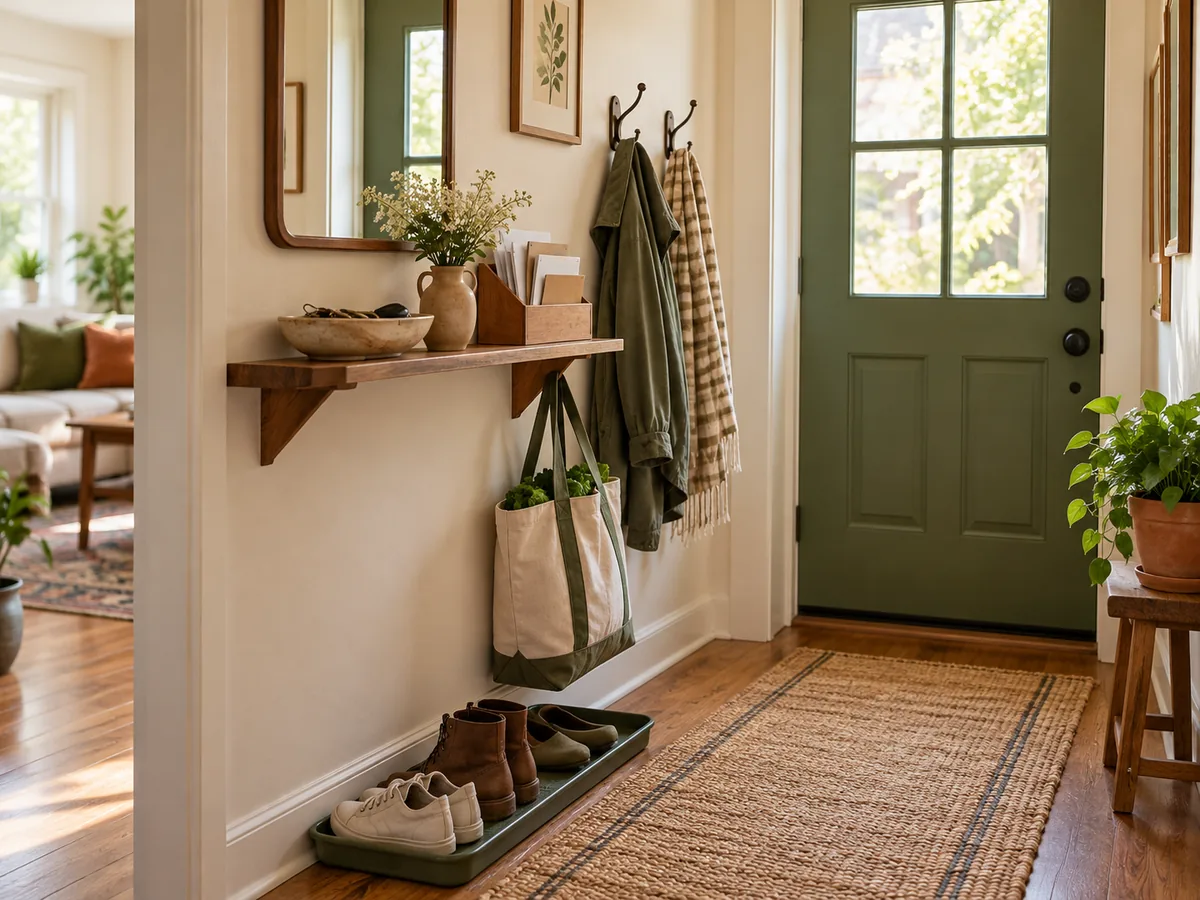 A narrow entryway with a small key shelf, mail sorter, hooks, tote, and shoe tray