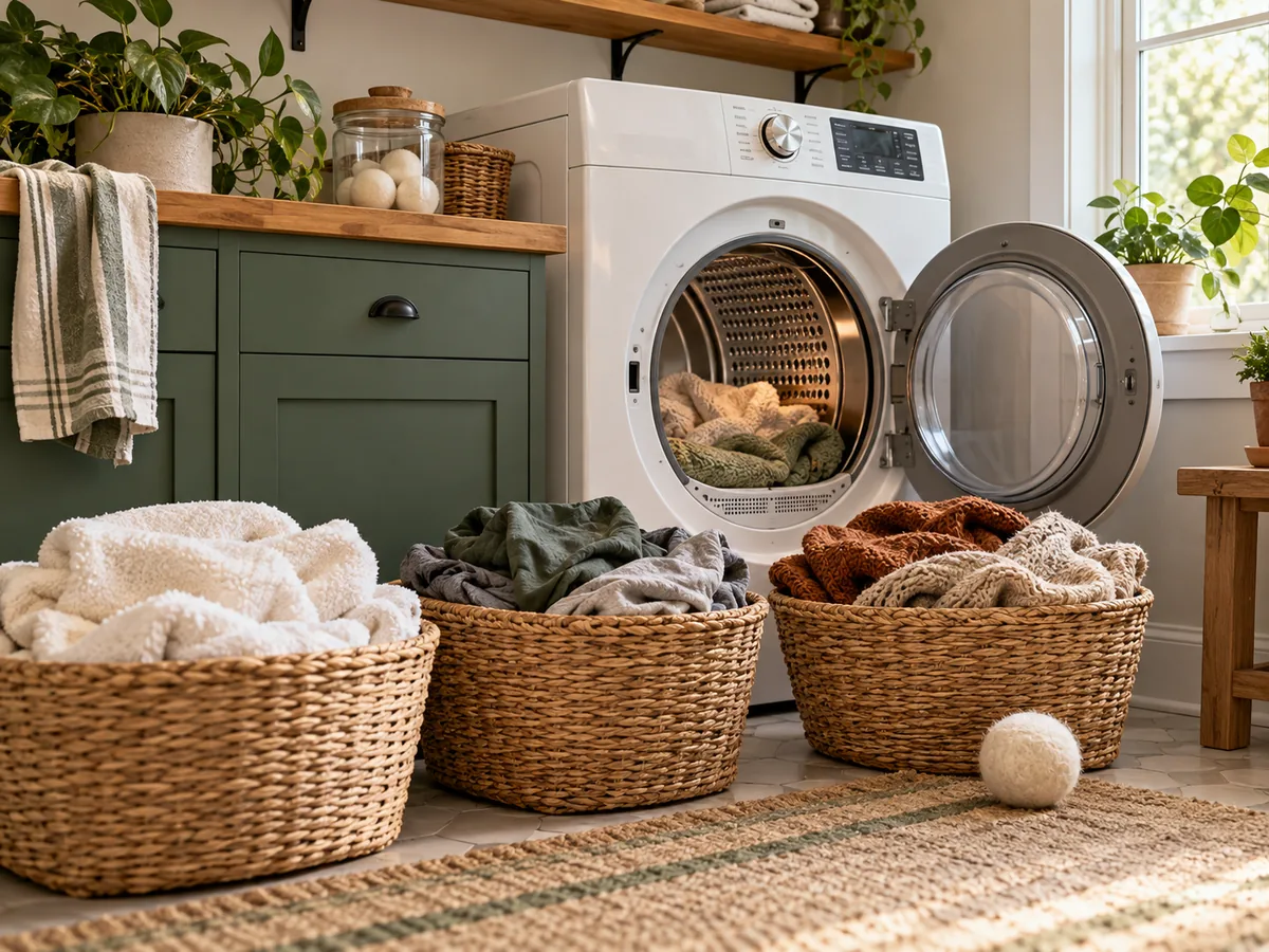 A front-loading dryer with fabric types sorted into baskets and a wool dryer ball