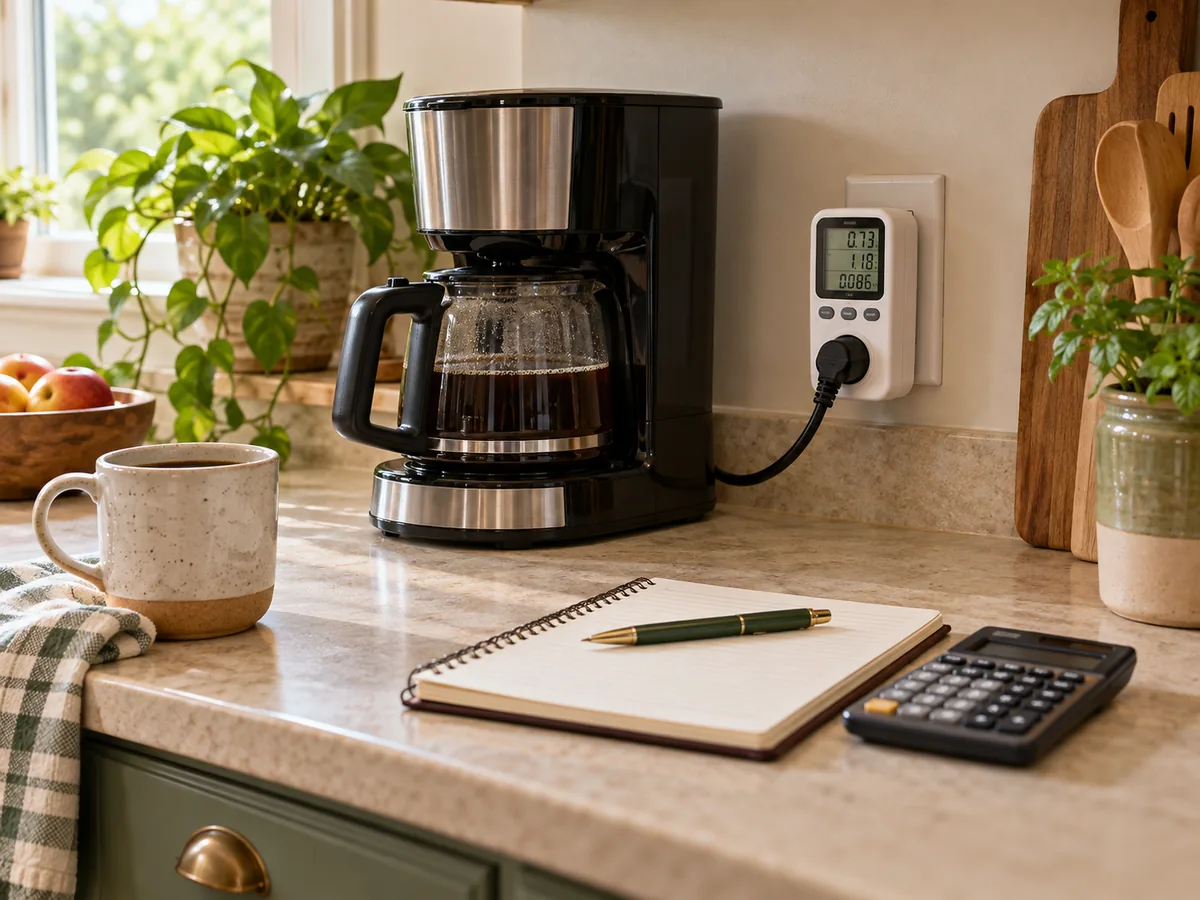 A plug-in energy meter connected safely to a coffee maker beside a notebook and calculator
