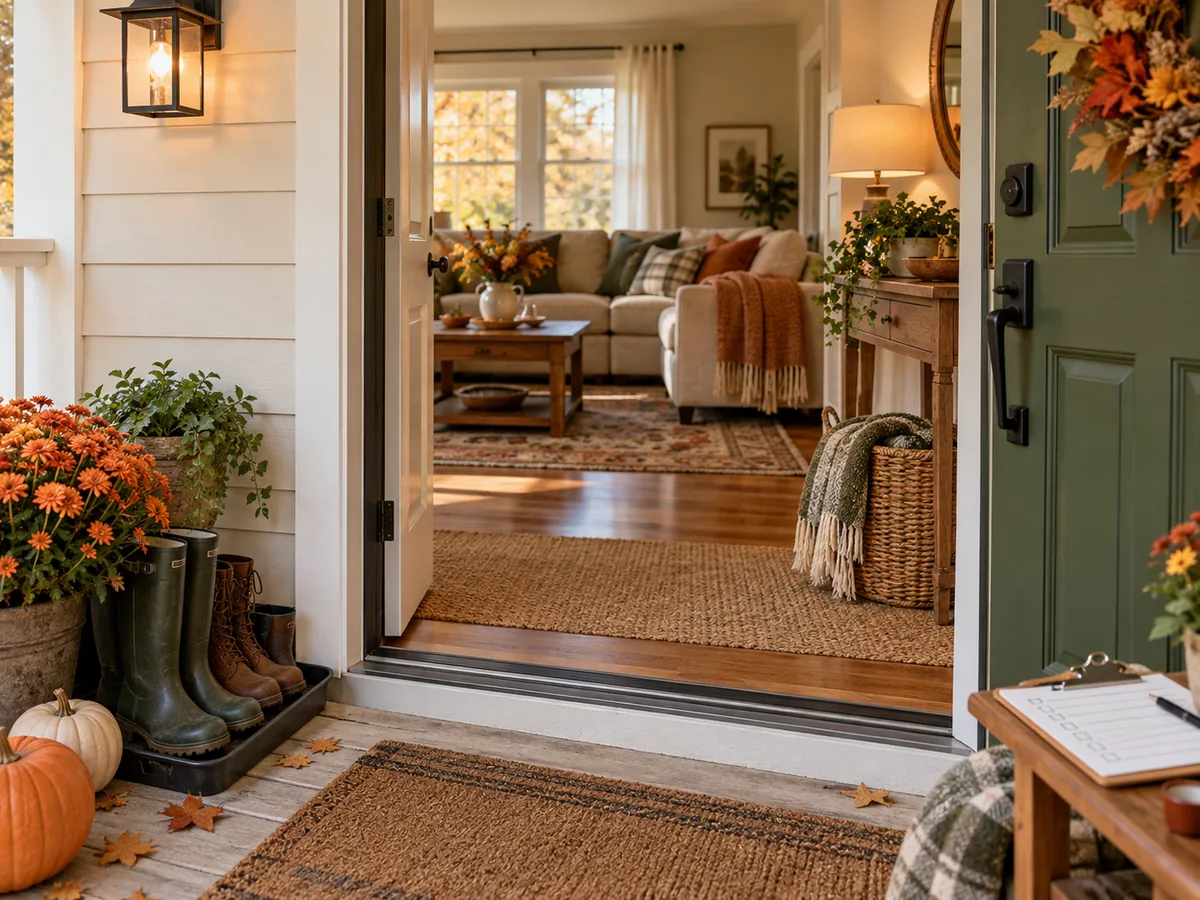 A fall porch and living room with a boot tray, weatherstripping, porch light, throw, and checklist