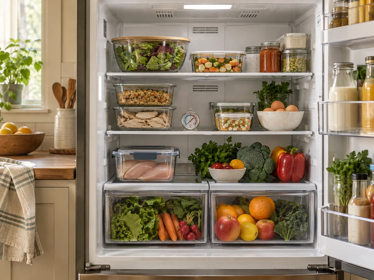 An open refrigerator with visible food, clear leftovers, produce drawers, and an appliance thermometer