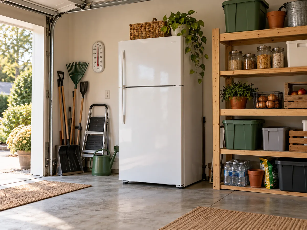 A second refrigerator in a tidy American garage with open shelving and a wall thermometer