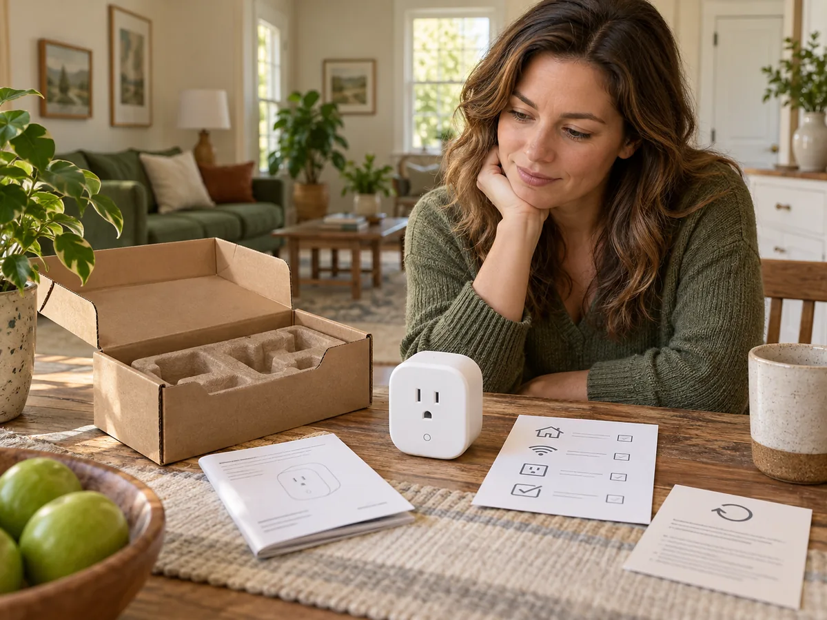 An unbranded home energy gadget in open packaging beside a checklist and manual