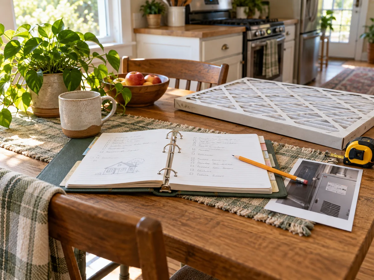 An open home notes binder with appliance records, tape measure, filter package, and pencil