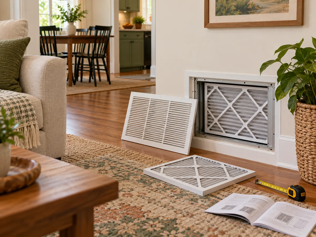 A safely opened return grille with a clean pleated filter, tape measure, and HVAC manual