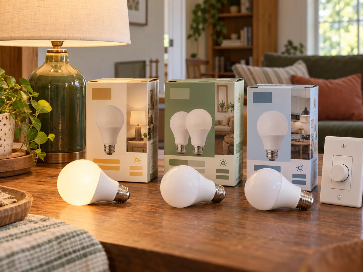 Unbranded LED bulbs and packages arranged beside a lamp base and dimmer switch
