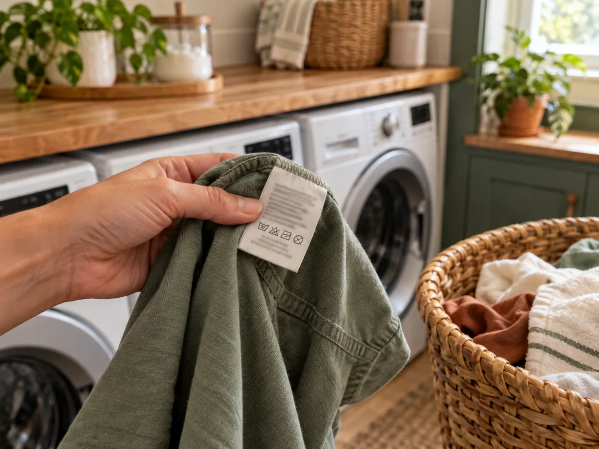 A hand holding a garment care label beside a laundry basket and front-loading washer