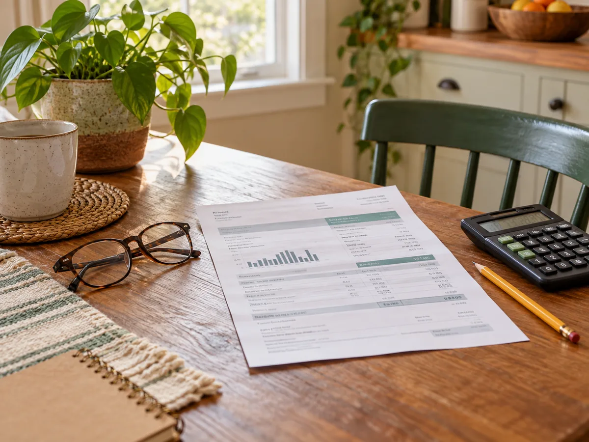 An illustrative residential electric bill beside a calculator, pencil, and reading glasses