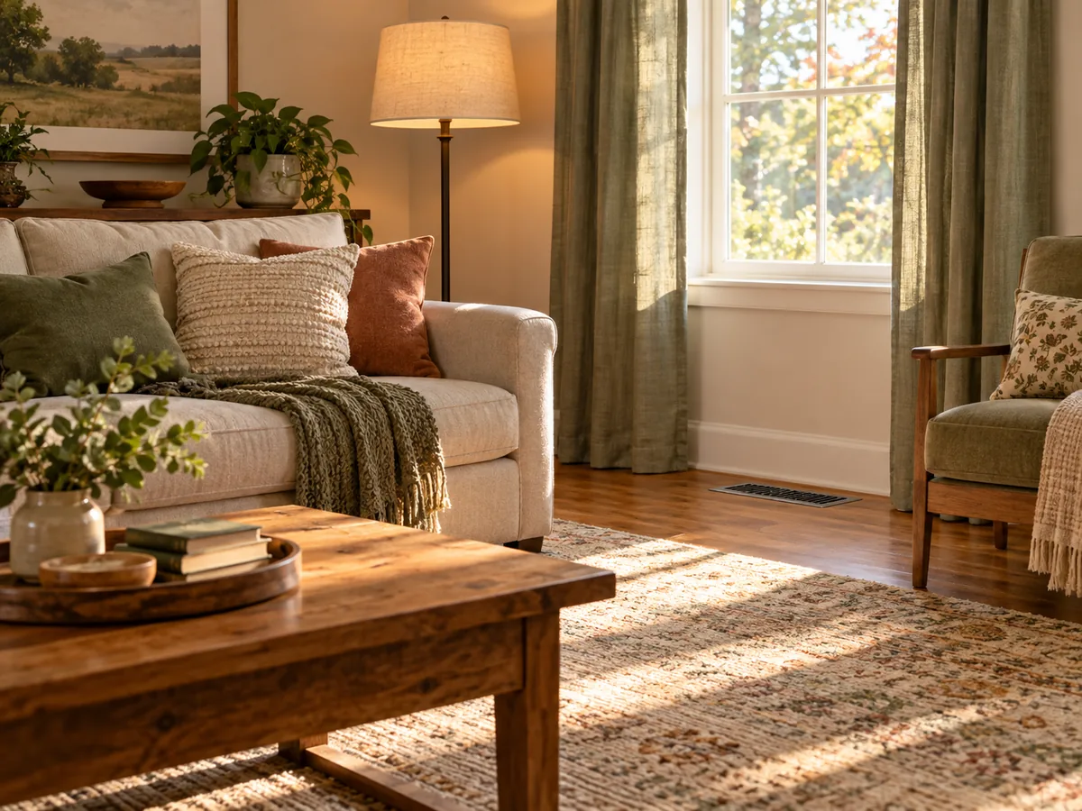 A lived-in room with curtains, a floor vent, a lamp, and furniture arranged for airflow