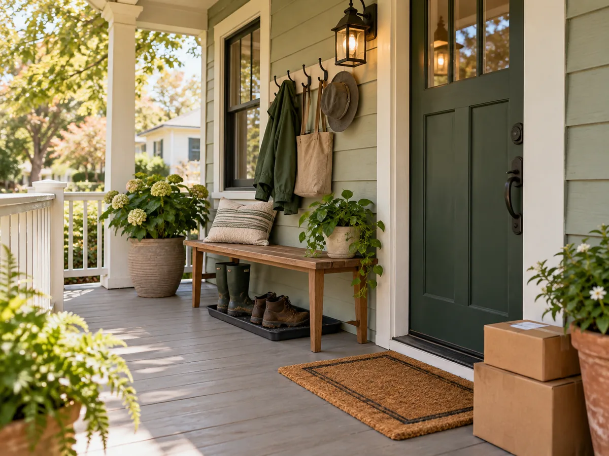 A small porch with a slim bench, boot tray, hooks, porch light, and package shelf