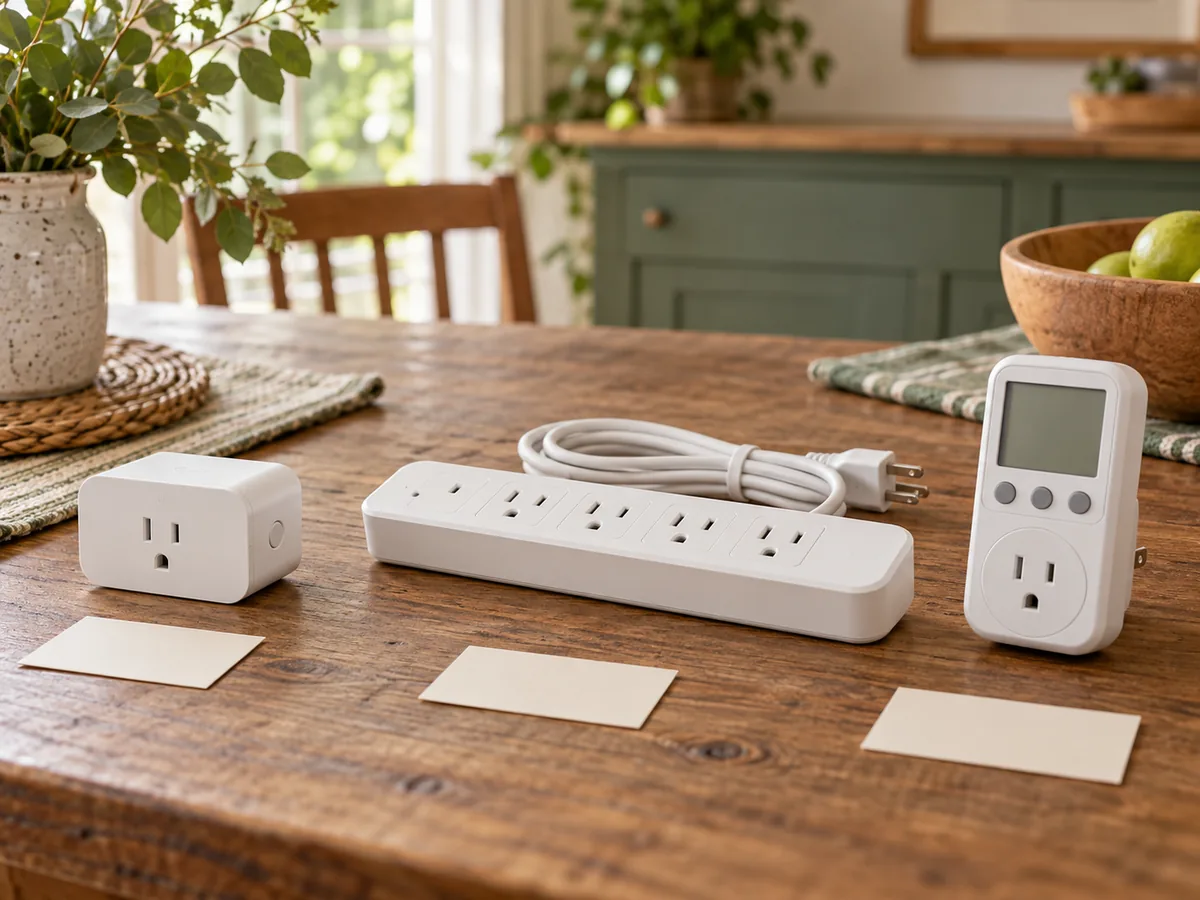 An unbranded smart plug, power strip, and plug-in energy monitor arranged for comparison