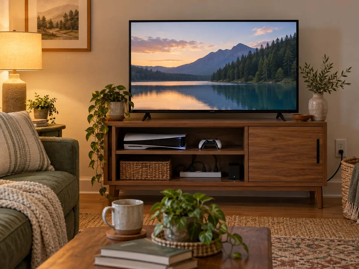 A safely arranged television console with game equipment, a power strip, and standby lights