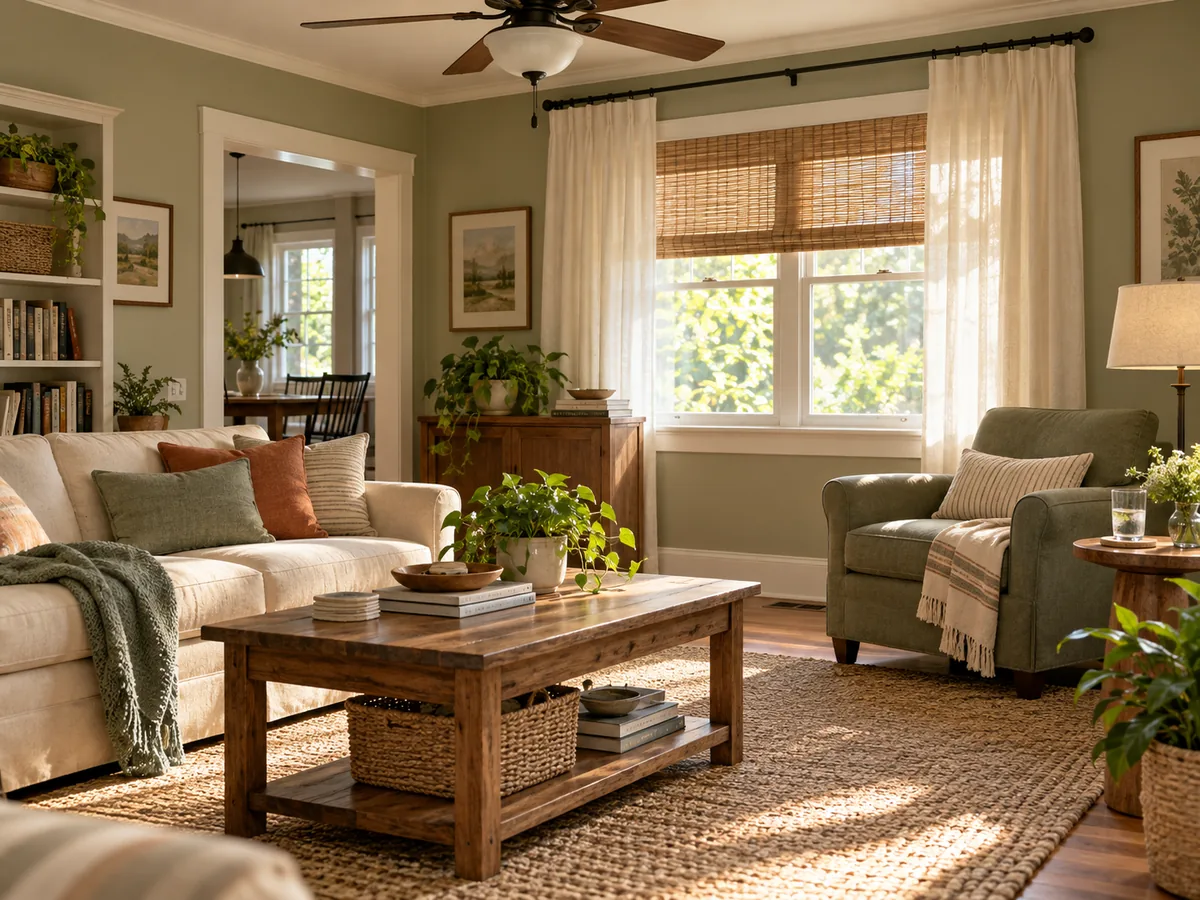A shaded summer living room with light curtains, a ceiling fan, and a reading chair