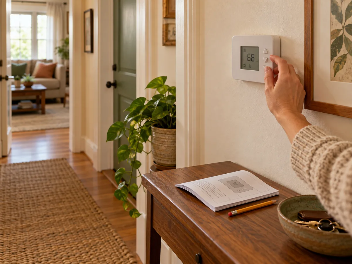 A hand adjusting a simple wall thermostat with its manual and a pencil nearby