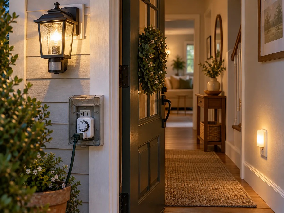 An outdoor motion-sensor porch light, plug-in timer, and hallway night light shown in use