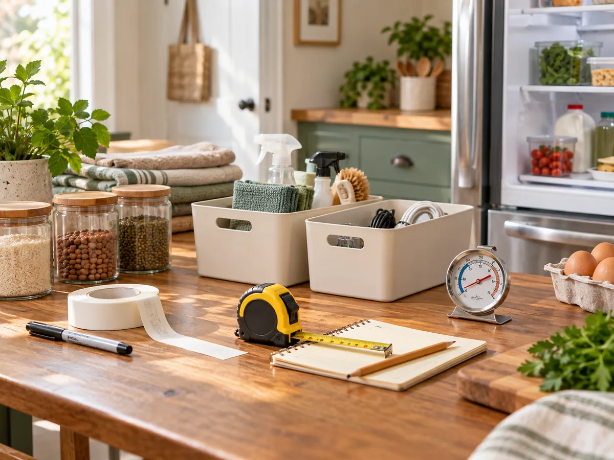 Labeling tape, organizer bins, measuring tape, and an appliance thermometer on a worktable