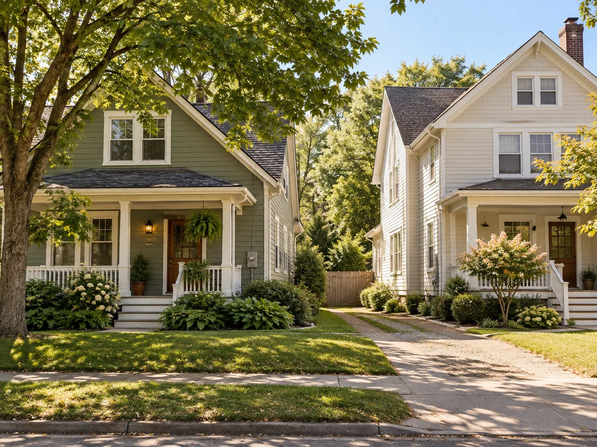 Two modest neighboring American homes with different shade, size, and rooflines